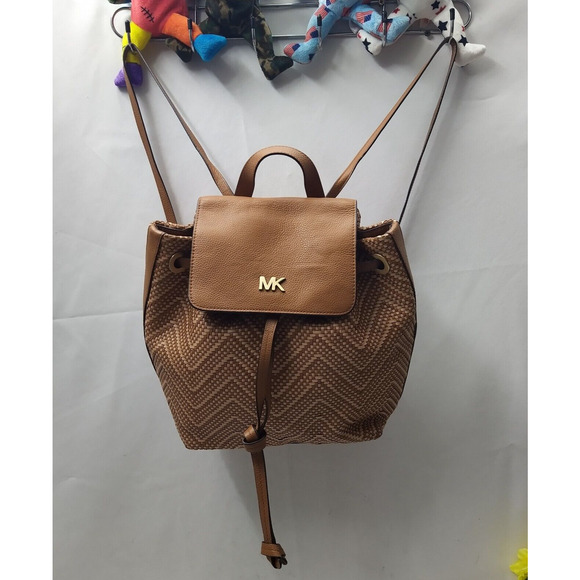 Michael Kors Junie Brown Chevron Woven Leather Drawstring Flap Closure Backpack main image 16